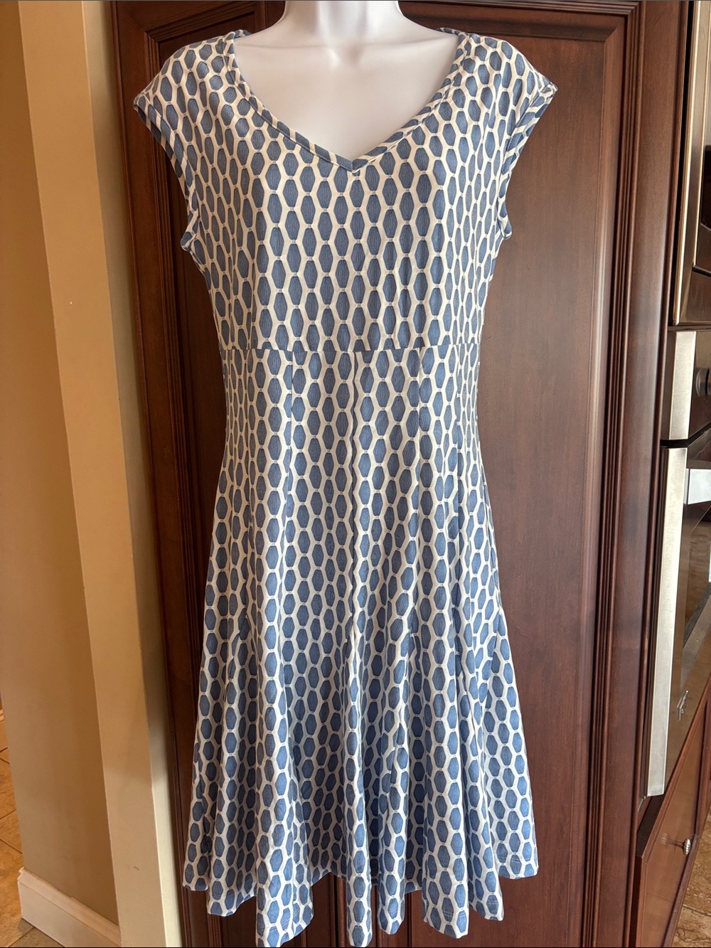 Just...Taylor Blue and White Geometric V-Neck Fit & Flare Dress